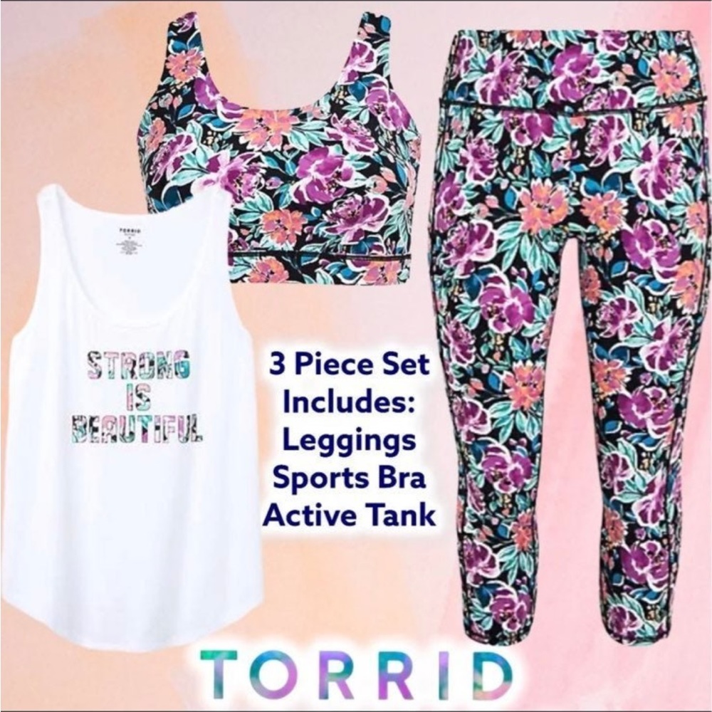 Torrid Floral Active 3pc Set - Bra, Top, & Leggings NWT